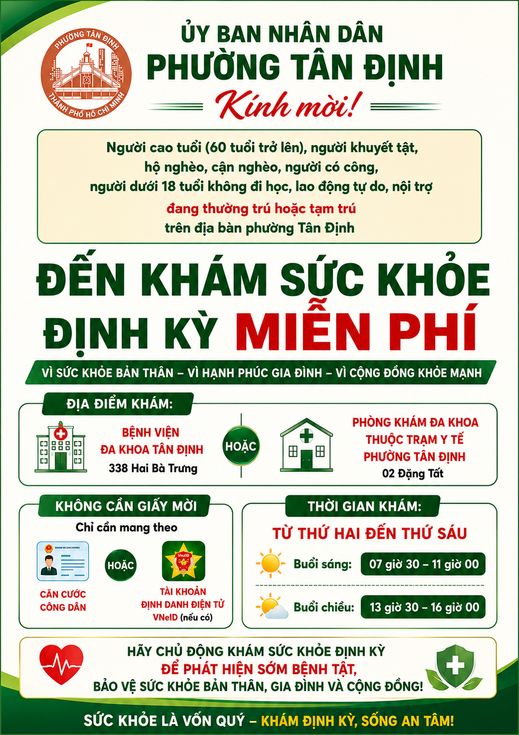 Miễn phí khám sức khỏe định kỳ tại Phường Tân Định – Vì sức khỏe bản thân, vì hạnh phúc gia đình